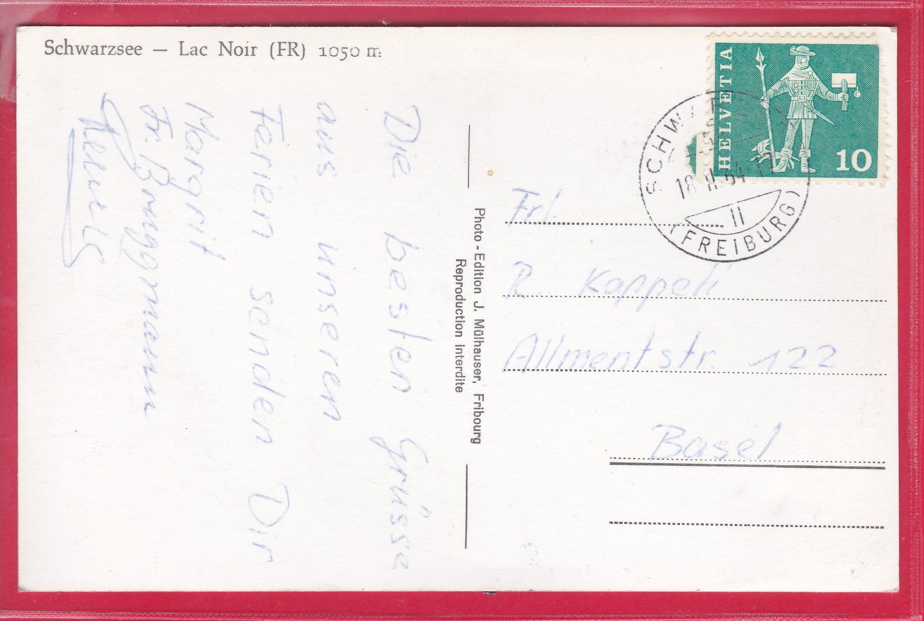 Cartoline postali: SCHWARZSEE - LAC NOIR 1050m, 18.2.1964 – Usato da Oberrieden venduto da Gebirgsstelze 1