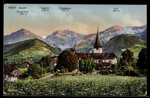 Cartoline postali: AK Aeschi, Ort mit Kirche und Bergen – Usato da Berlin venduto da bartko-reher