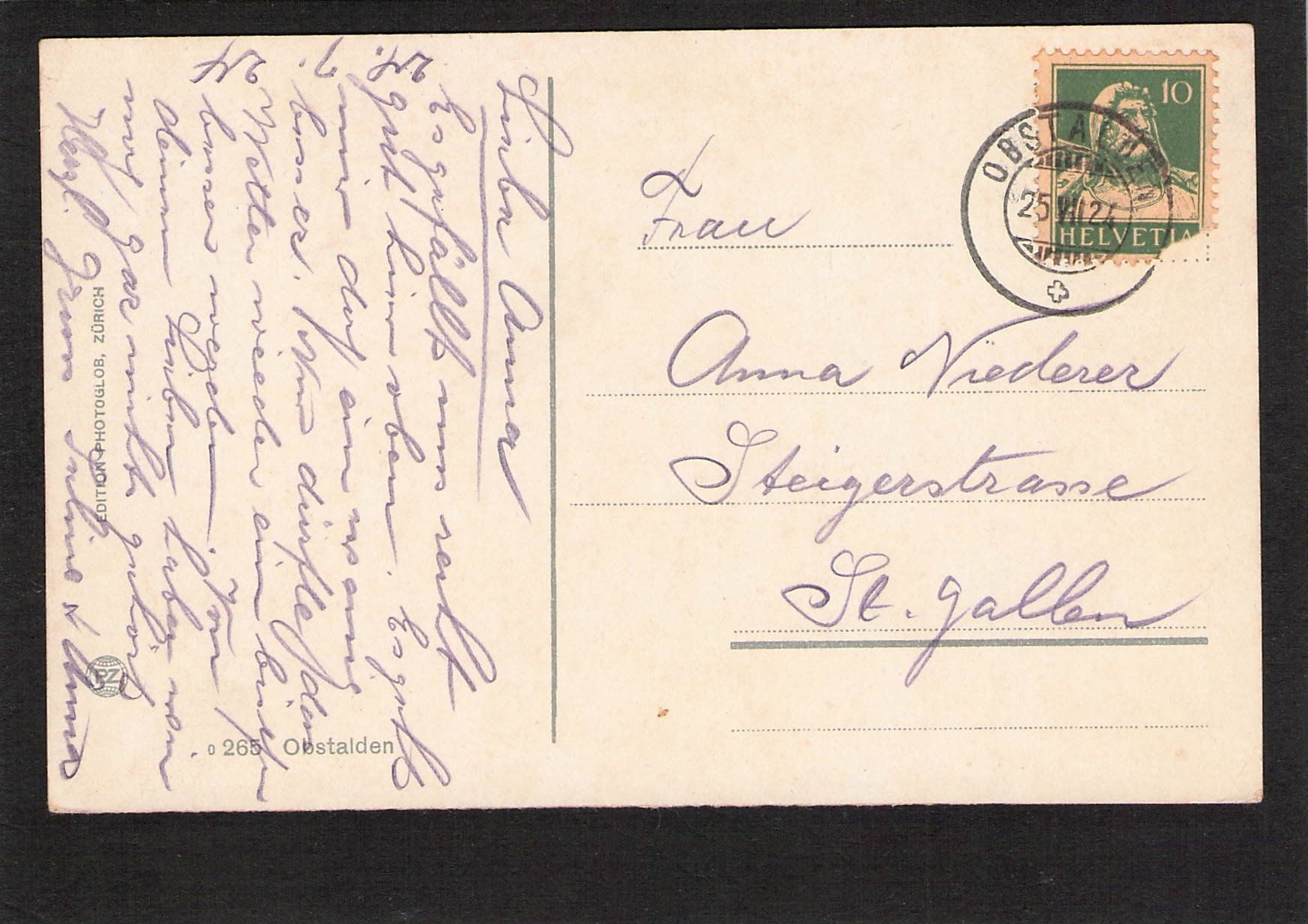 Cartoline postali: #Obstalden GL , gel. 1924 – Usato da Reichenburg venduto da Pipo-67 1