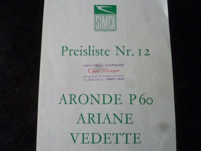 Simca Documenti: Simca Aronde P60/Ariane/Vedette Preisliste Nr.12 – Usato da Zofingen venduto da sosalinos01