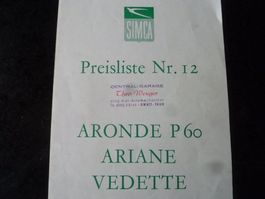 Simca Aronde P60/Ariane/Vedette Preisliste Nr.12