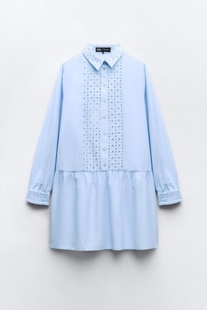 Zara-Hemdblusenkleid m. Lochstickerei in hellblau Gr. M