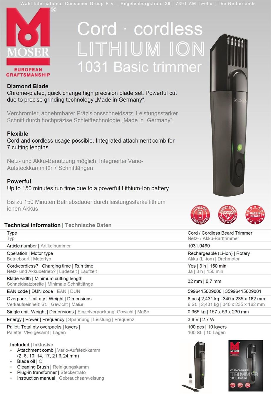 Rasoi & Lamette da barba: MOSER Lithium Ion Cordless 1031 trimmer – Nuovo e nell'imballaggio originale da Opfikon venduto da Trodat5430