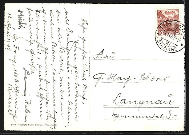 Cartoline postali: AK Cademario, Altes Kirchlein, 1947 – Usato da Berlin venduto da bartko-reher 1