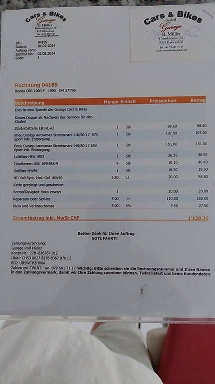 Strada: Honda CBR 1000 F – Usato da Kloten venduto da Martin749 1