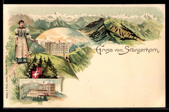 Ansichtskarten: Litho Stanserhorn, Hotel mit Gebirgspano – Gebraucht aus Berlin von bartko-reher