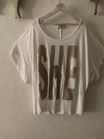Shirt kurzarm weiss mit Goldaufdruck, XL oder L oversize