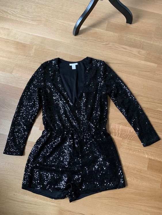 Jumpsuit/Overall Gr. 38 kurz mit Pailletten schwarz, langarm Kaufen