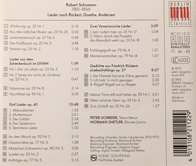 CD: Schumann - Lieder (Peter Schreier / Norman Shetler) – Usato da Grüningen venduto da azulblanco 1