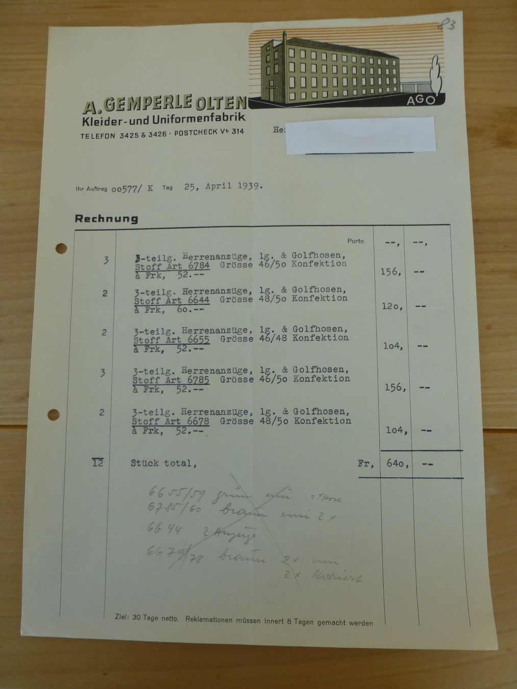 Foto & Immagini: Olten, A. Gemperle Kleiderfabrik, 1939 – Usato da Bettlach venduto da 1saurer
