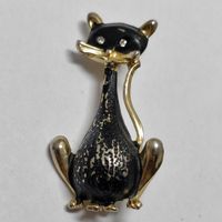Vintage Emaille-Katzenbrosche Schwarz Gold Strass #C3
