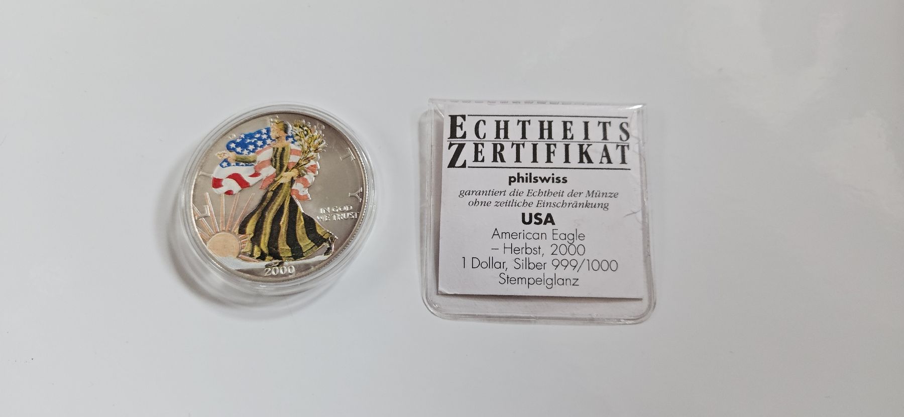 Tutti le monete: 1 Unze Silber American Eagle Herbst 2000 Stempelglanz – Nuovo e nell'imballaggio originale da Nürensdorf venduto da salibeer 2