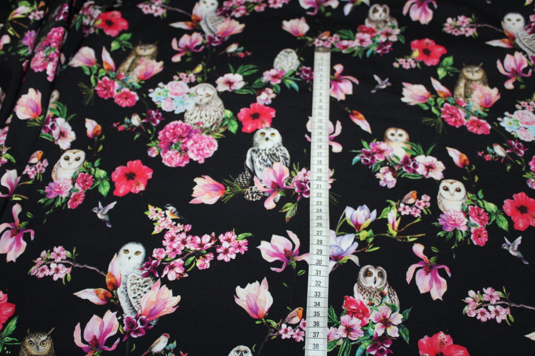 Tessuti: Stoff Baumwolljersey Digitaldruck schwarz/Blumen & Eule – Nuovo (secondo la descrizione) da Obfelden venduto da solomon111 1