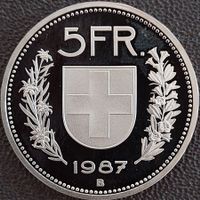 5 Franken Schweiz 1987 pp / aus Münzsatz/in einer Münzkapsel