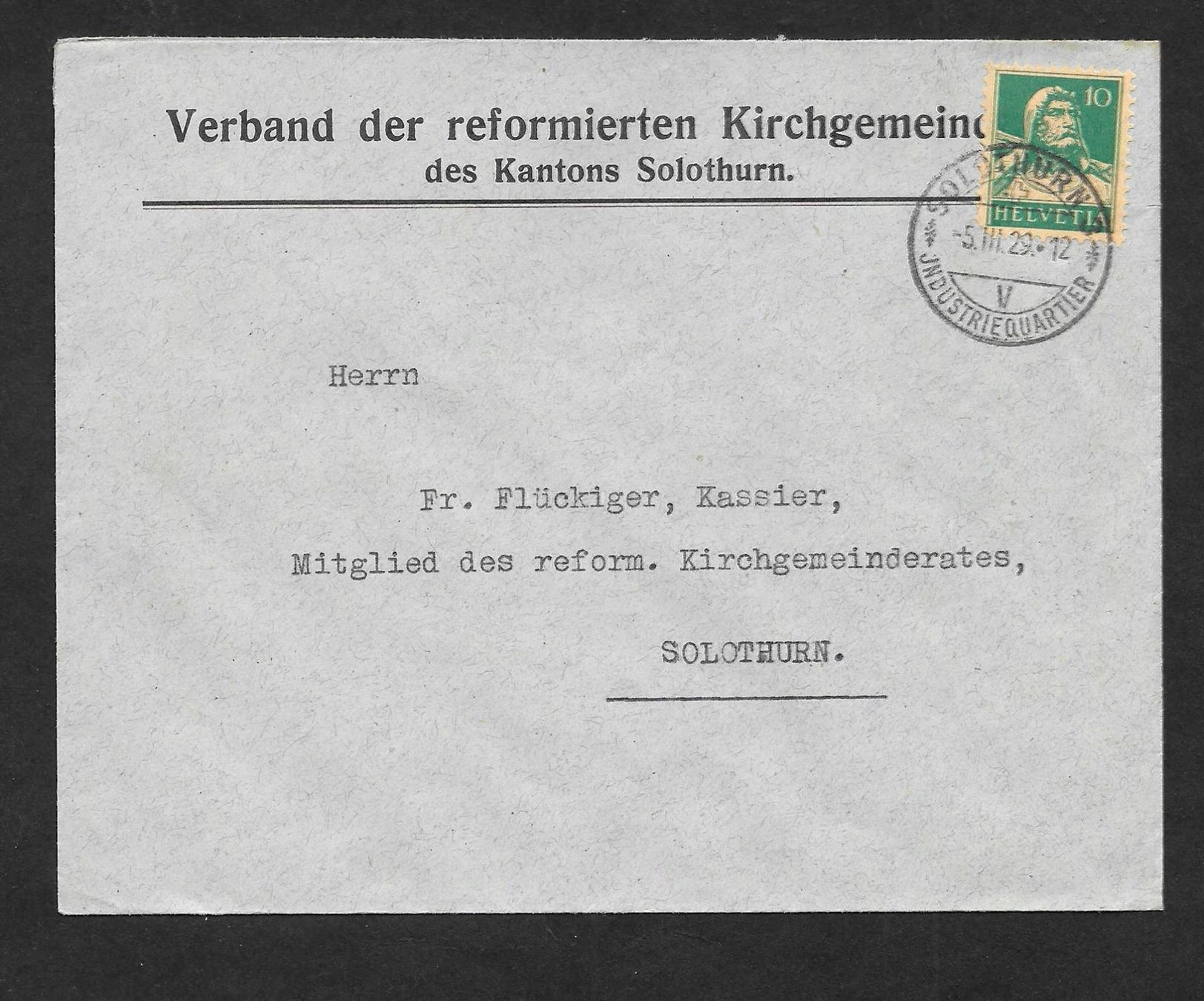 Alle Briefmarken: Solothurn illustrierter Brief ref. Kirchgemeinden 5.3.1929 – Gebraucht aus Olten von clotaldi