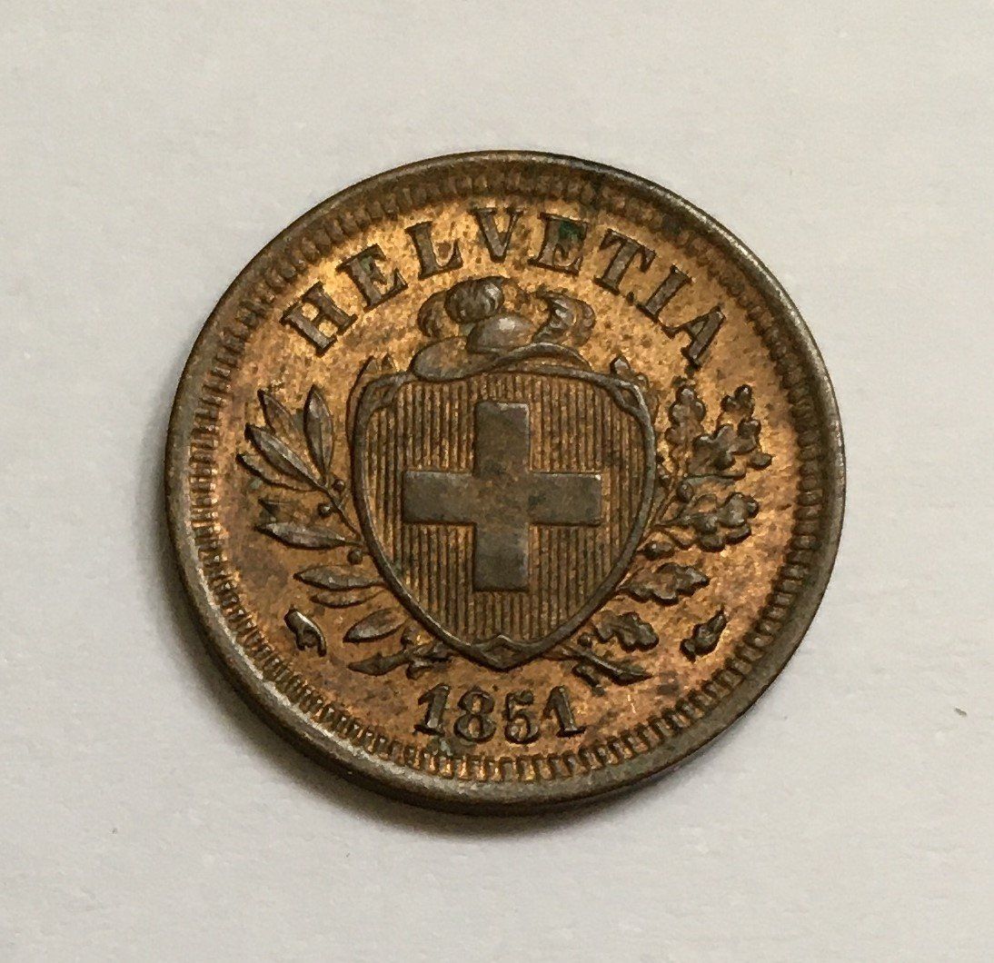 Alle Münzen: 1851 1 Rappen -unz – Gebraucht aus Kirchberg SG von Helveticus00