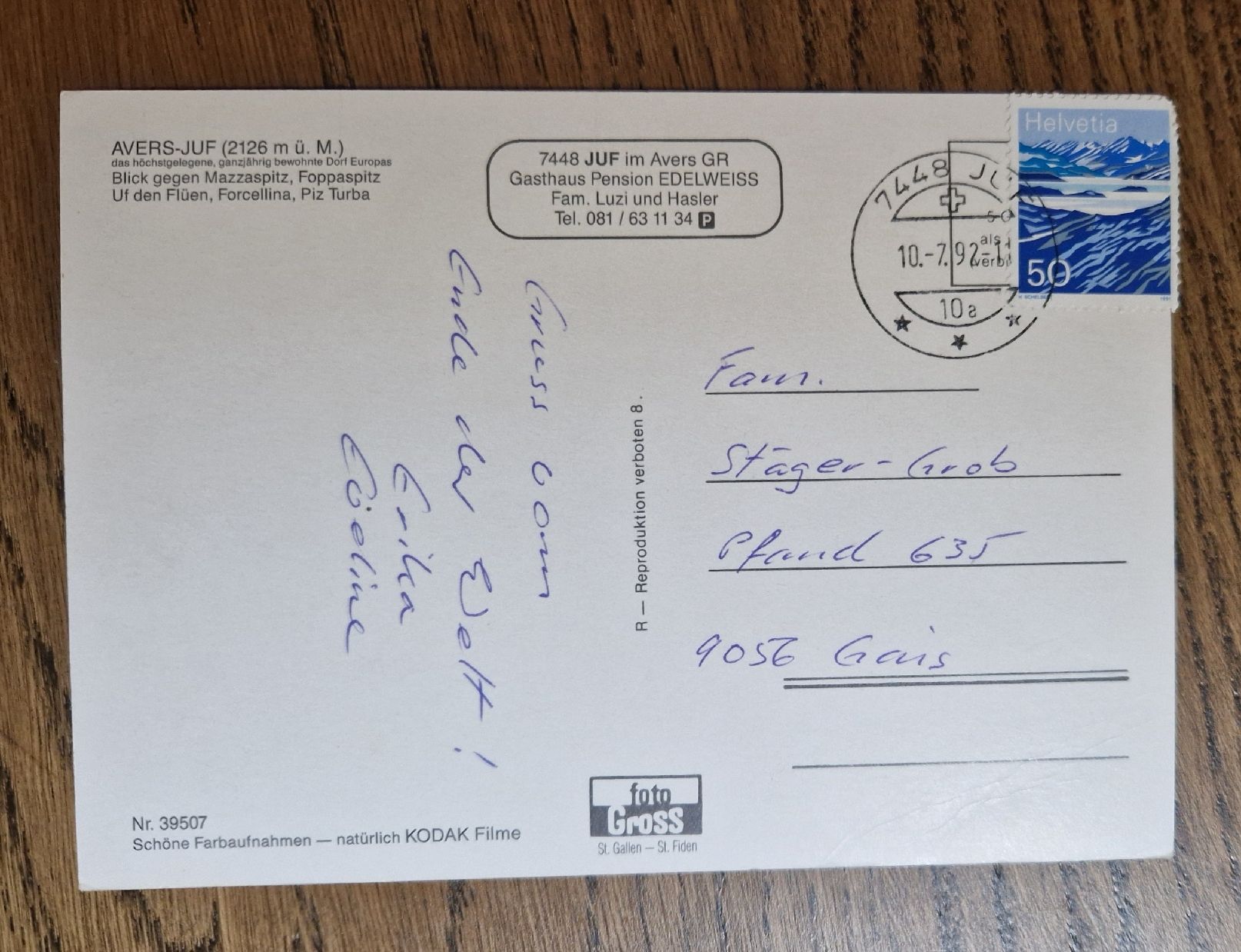 Cartoline postali: Gruss aus Juf 1992 – Usato da Ebikon venduto da Donar50 1