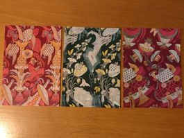 3x Postkarten Seidenstoffmotive