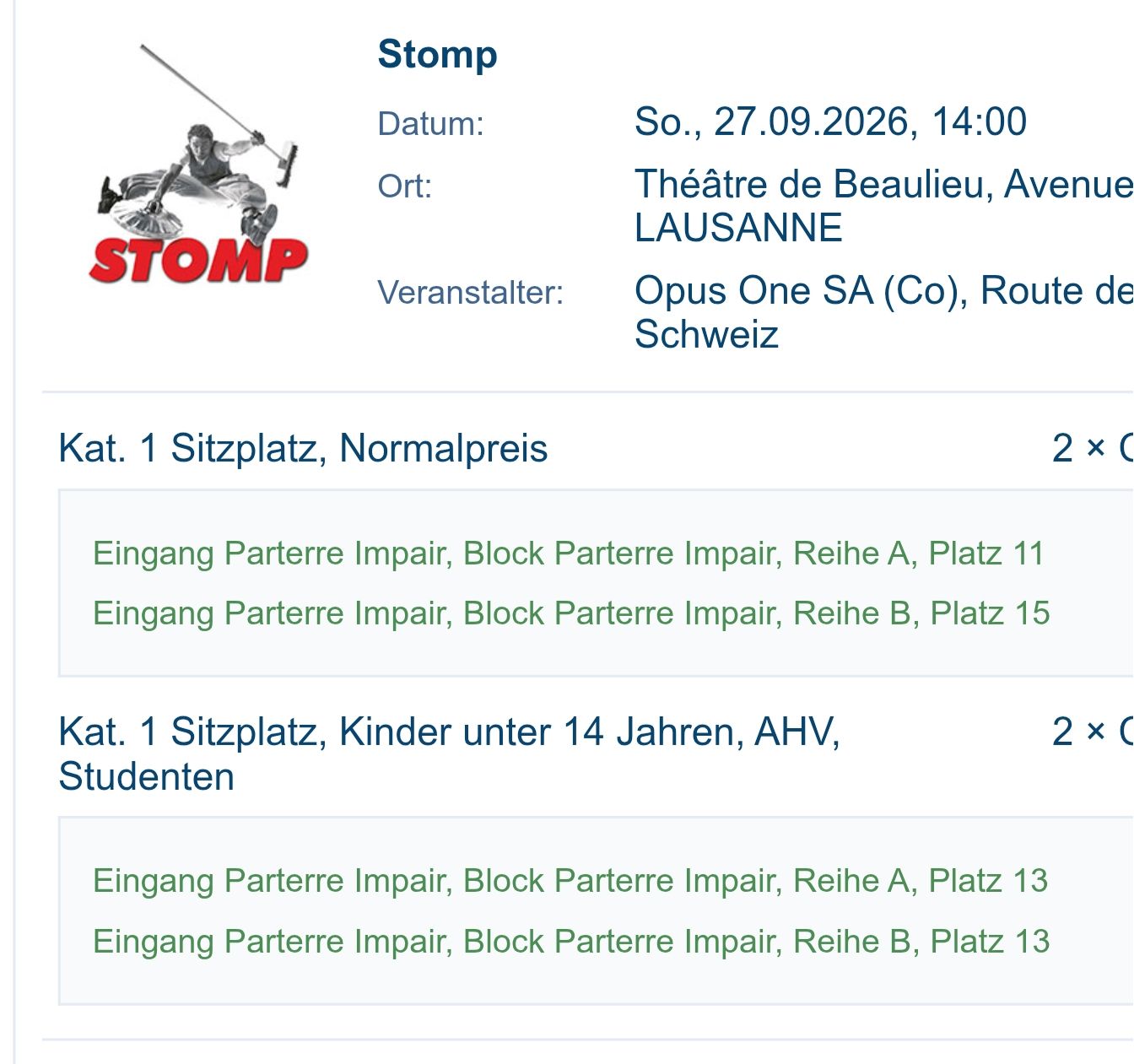 Biglietti: Tickets Stomp  – Nuovo e nell'imballaggio originale da Wiler (Lötschen) venduto da josaje
