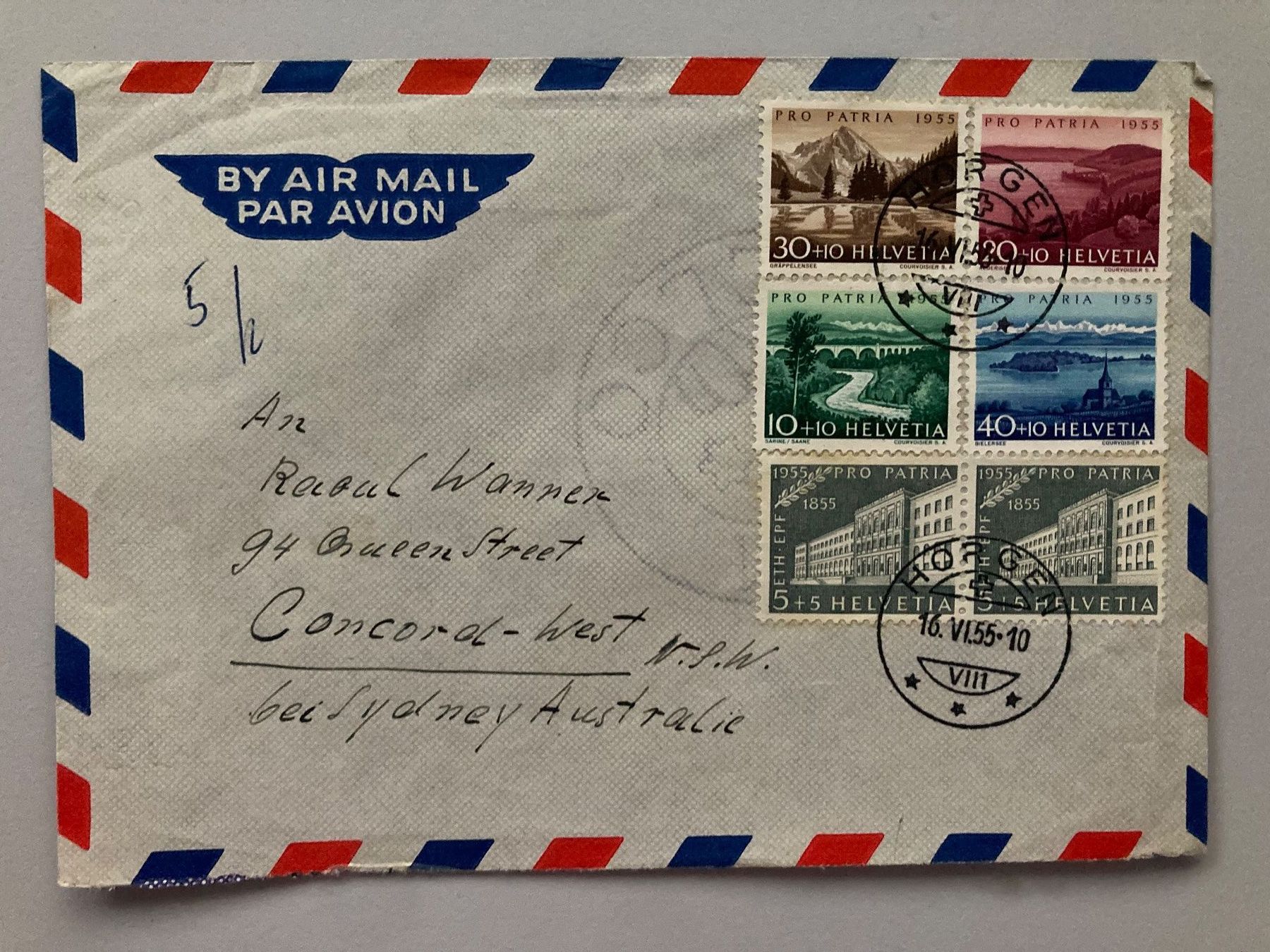 Tutti i francobolli: Luftpostbrief mit Pro Patria Marken 1955 – Usato da Solothurn venduto da ehe_8spw