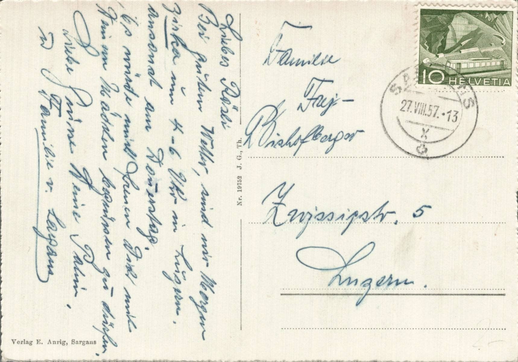 Cartoline postali: Sargans Kirche + Schloss, Ansichtskarte, gel. 1957 – Usato da Luzern venduto da Kartenansicht 1