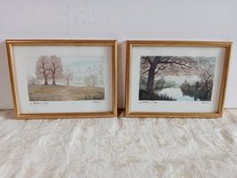 2 Aquarelle F. Dietlein 1986 gerahmt Holz Goldfarben