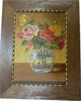 Tableau peinture huile roses vase cadre bois vintage, signée