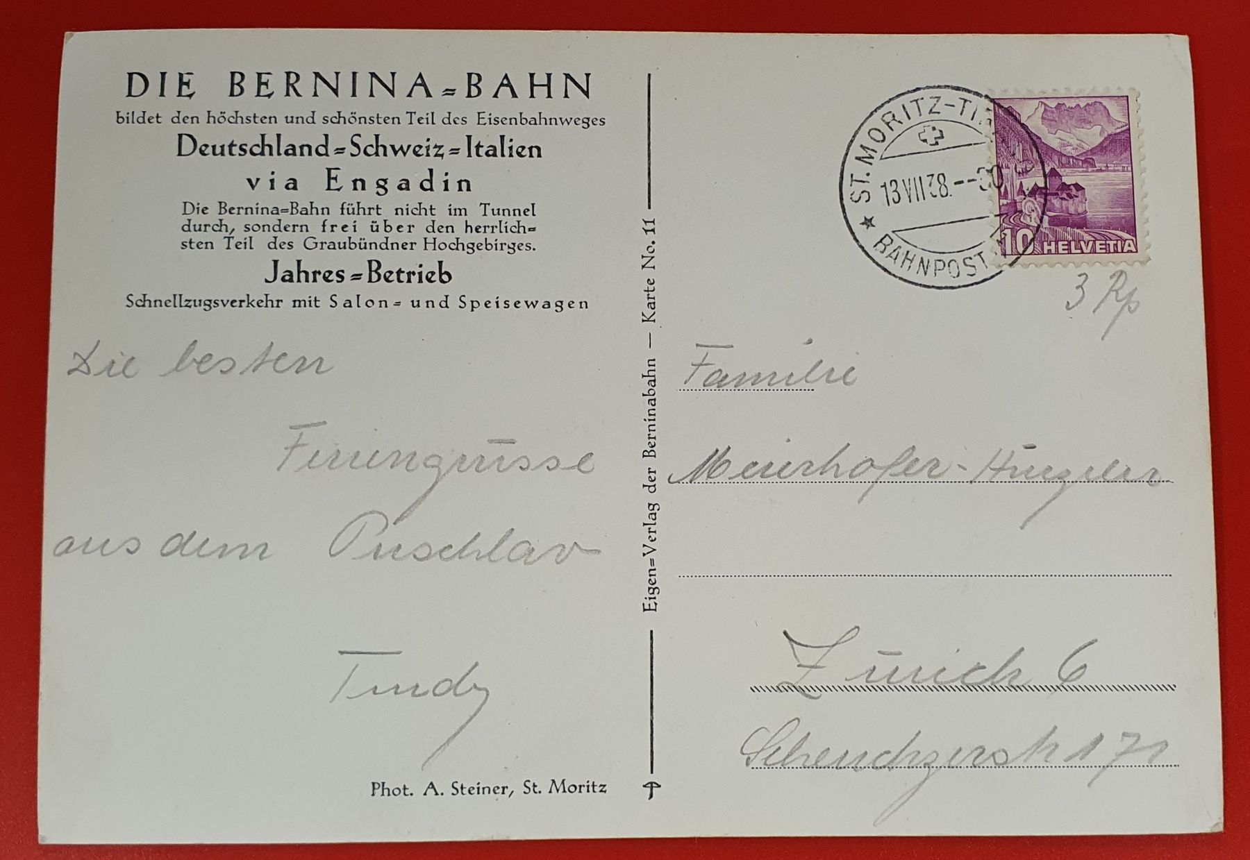 Cartoline postali: Berninabahn 1930, Bahnpoststempel St.Moritz-Tirano – Usato da Kreuzlingen venduto da Rschweiz1 1