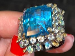 🟦 38cts Top Swiss Blue Topaz 925SS & 14k Gold Vermeil Ring