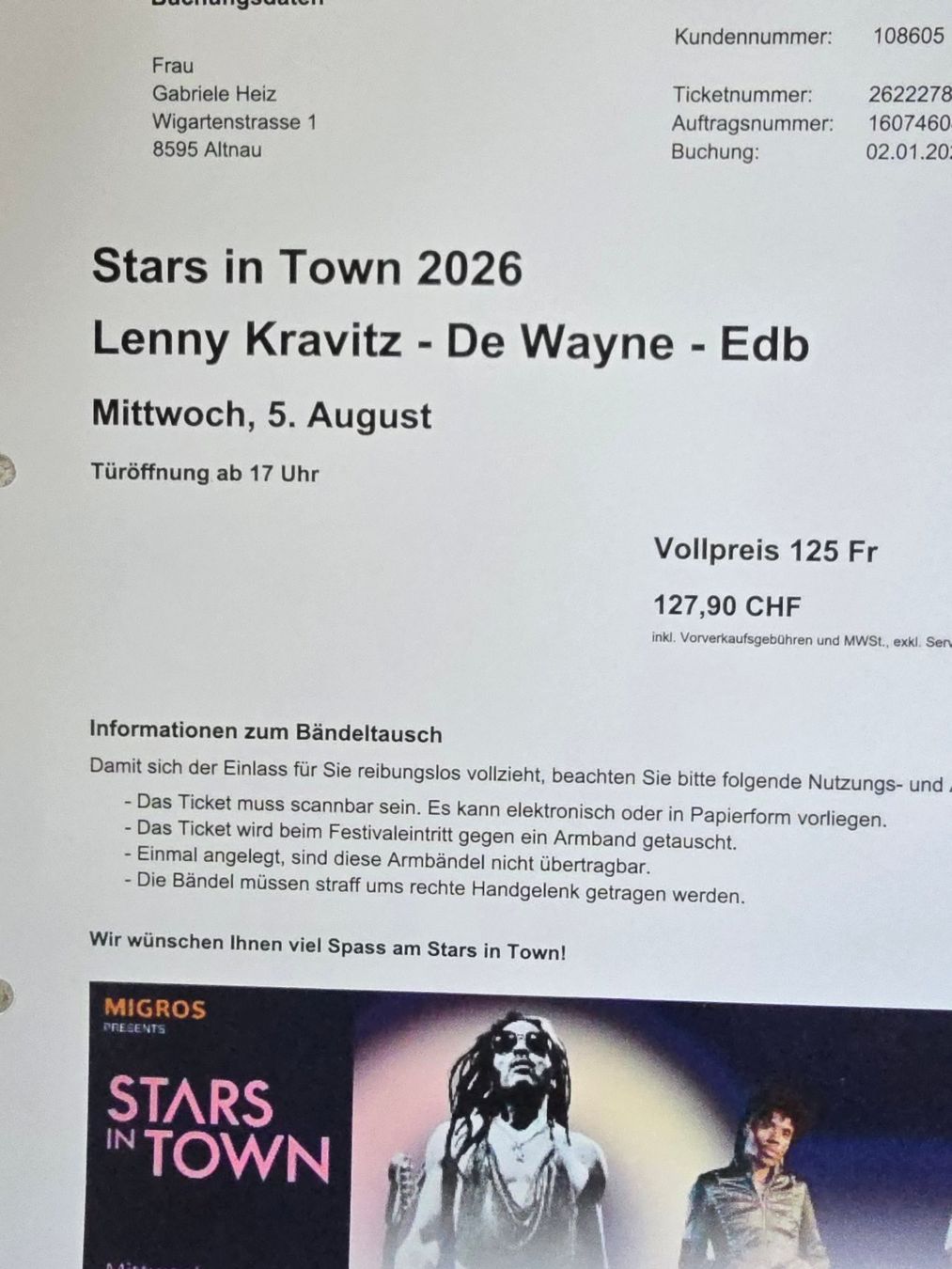Biglietti: Lenny Kravitz 2 Tickets, Schaffhausen 5.8.2026, Stars in Tow – Nuovo (secondo la descrizione) da Altnau venduto da Moewemoewe 1