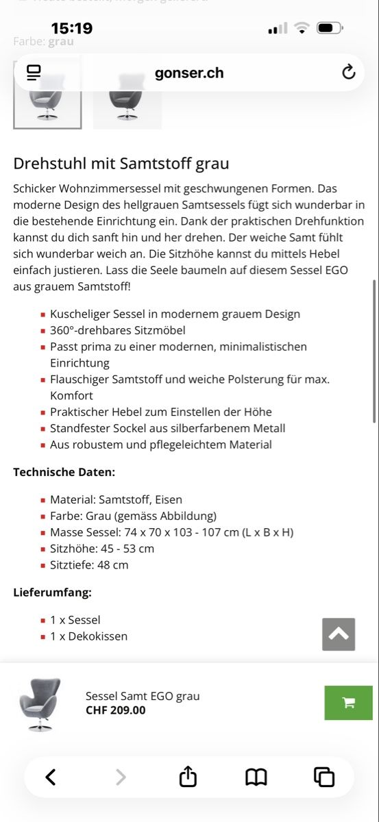 Gonser Sessel: Sessel Samt EGO grau  – Gebraucht aus Kappel am Albis von Kitty1991 1