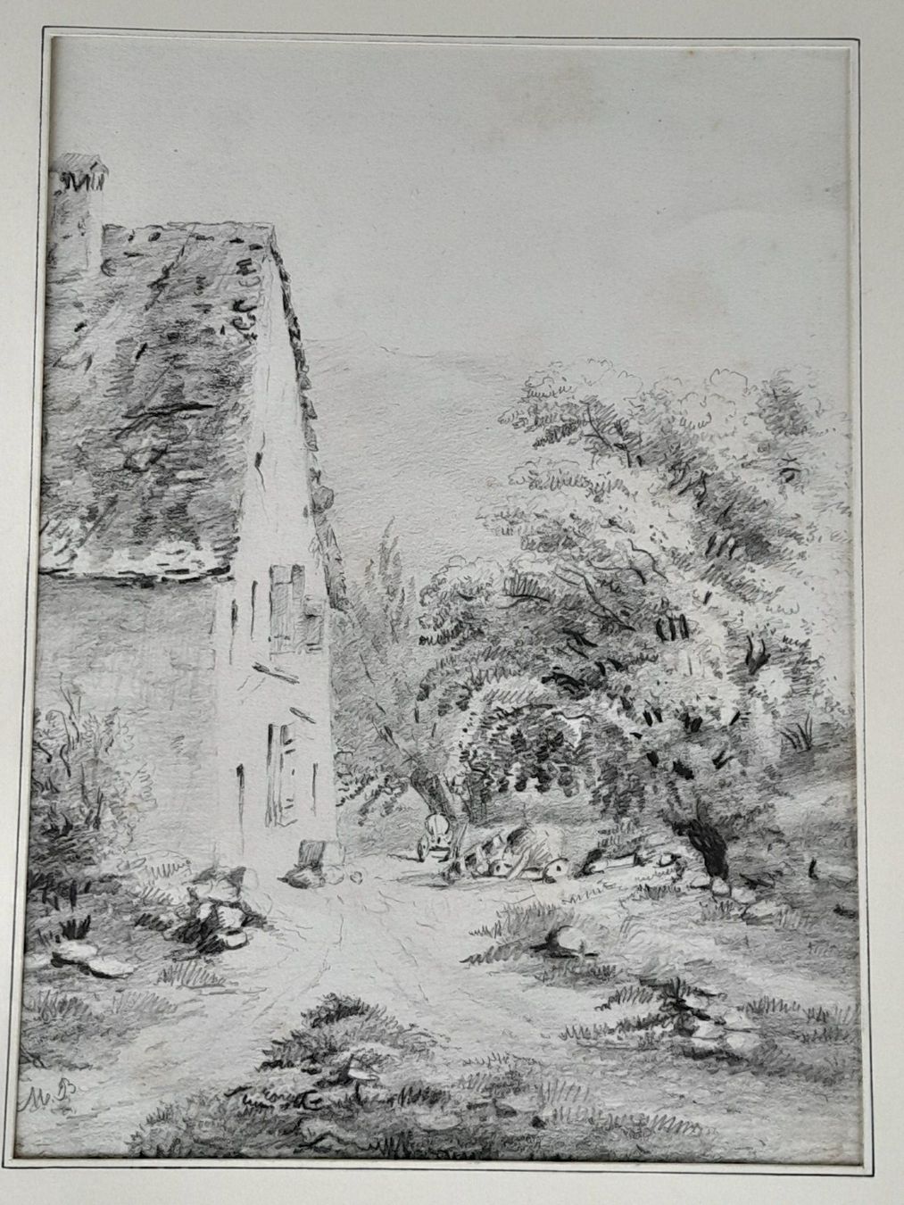Dipinti: Kohlestift-Zeichnung  Bauernhaus mit Baumgruppe...M.B. – Usato da Thun venduto da JeJoe 2