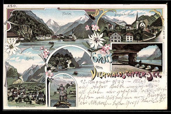 Cartoline postali: Litho Flüelen, Ortsansicht, Telldenkmal – Usato da Berlin venduto da bartko-reher