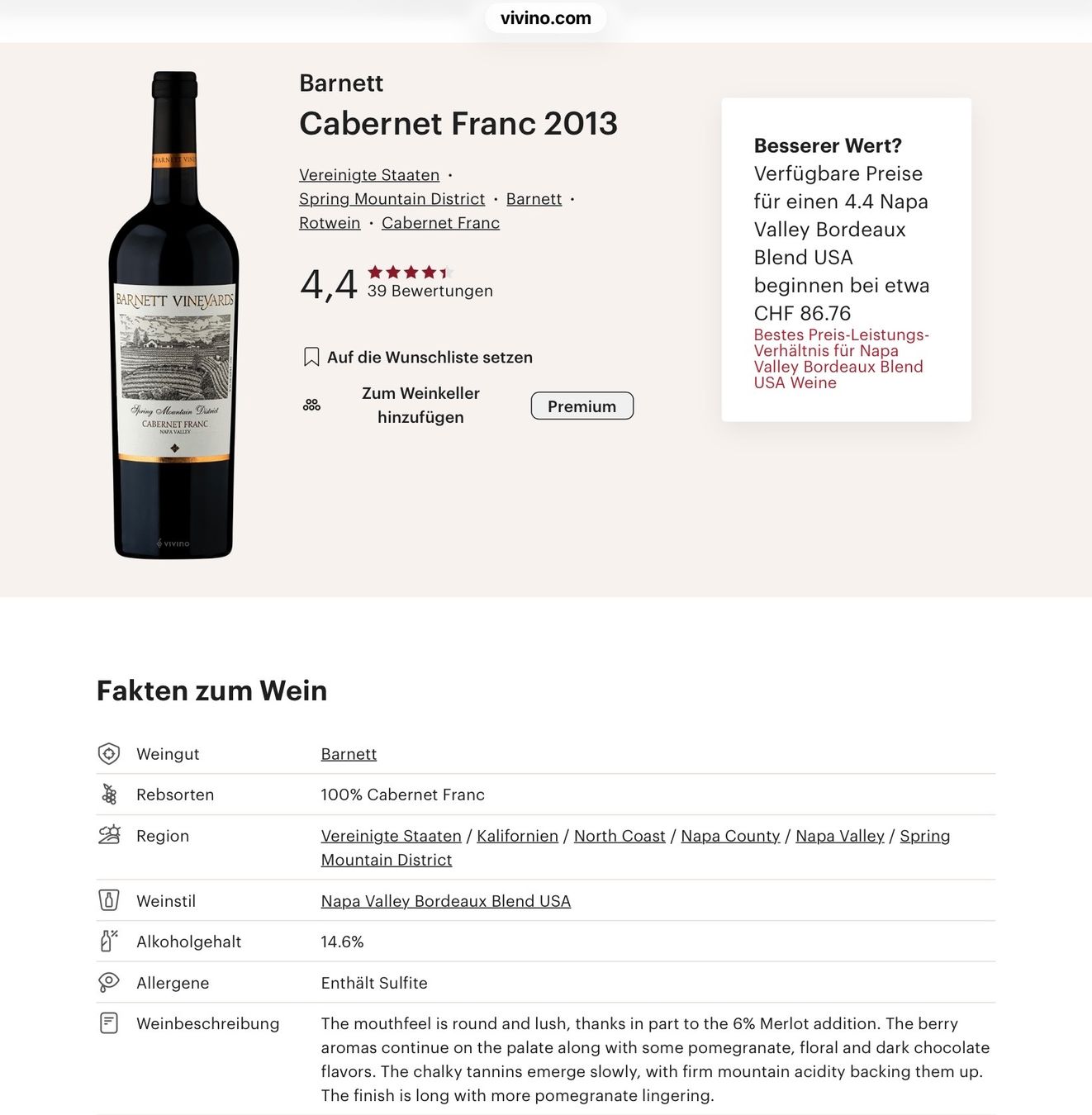 Vino: Barnett Cabernet Franc 2013 – Nuovo (secondo la descrizione) da Oberdorf BL venduto da Rn3959 3