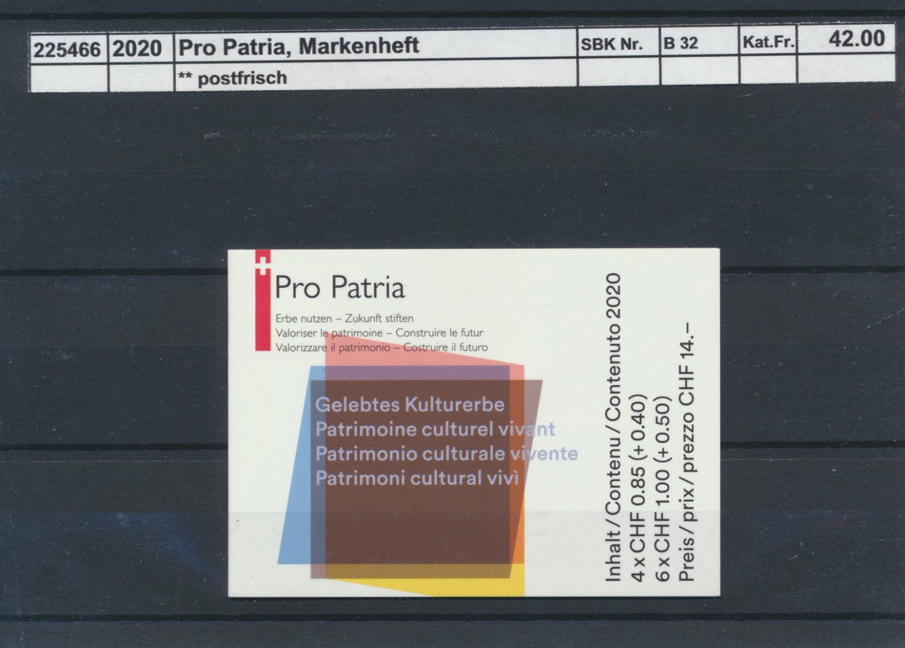 Alle Briefmarken: 2020 Pro Patria, Markenheftchen, ** postfrisch – Neu (gemäss Beschreibung) aus Winterthur von Zupogeru