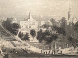 Park und Stadthaus zu New York, Vintage Lithografie 1848 USA