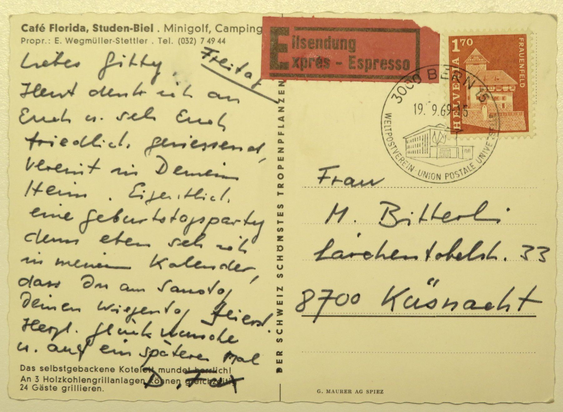 Cartoline postali: AK Café Florida, Studen-Biel, 1969 – Usato da Oberriet SG venduto da Manick 1