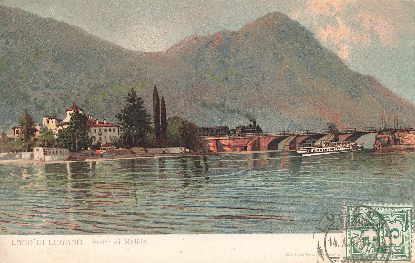 Ansichtskarten: Lago Lugano Ponte Melide Boot Battello Schiff Zug – Gebraucht aus Biasca von Blenio71