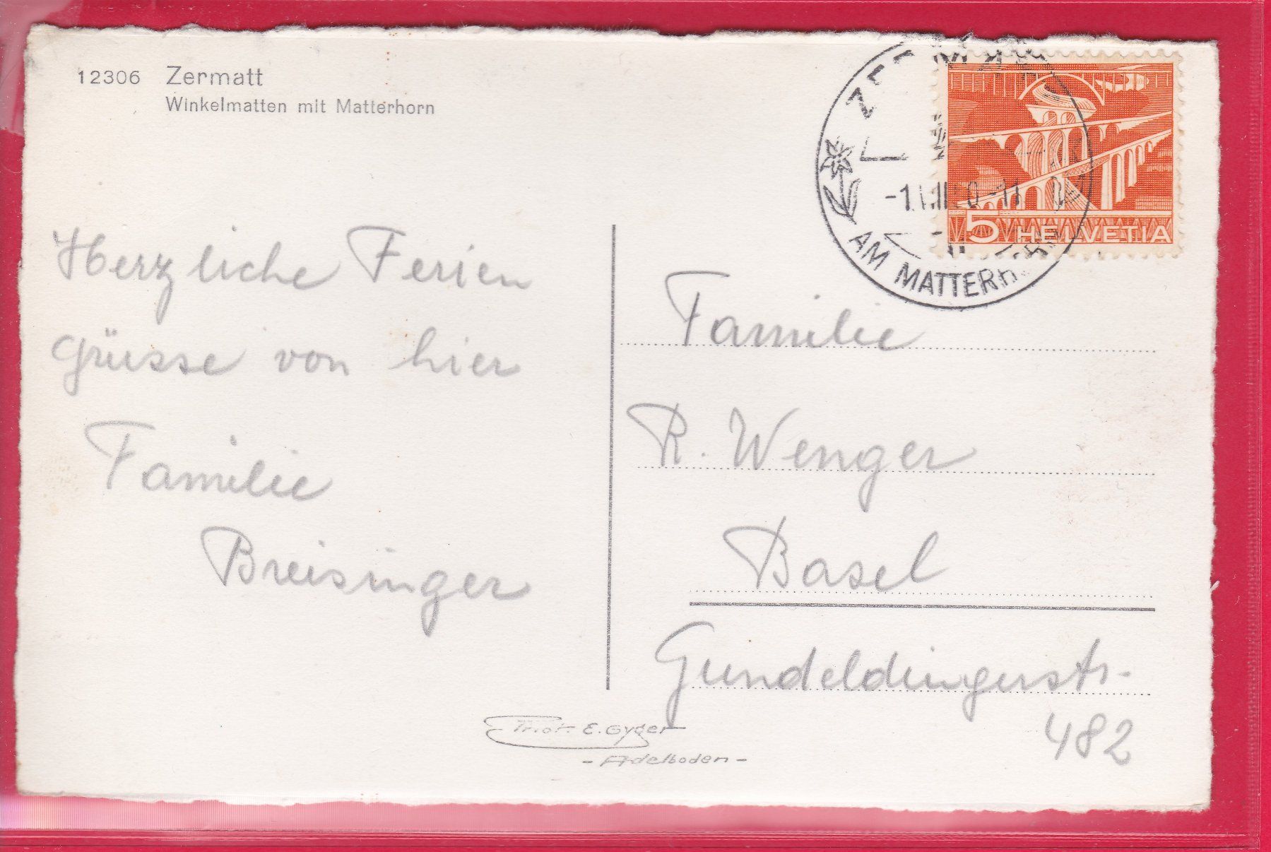 Cartoline postali: WINKELMATTEN MIT MATTERHORN, 1.8.1950 – Usato da Oberrieden venduto da Gebirgsstelze 1