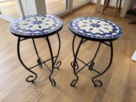 Beistelltisch Mosaik rund blau weiss Metallgestell 2 Stueck
