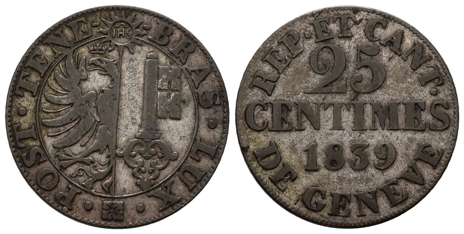 Tutti le monete: Genf 25 Centimes 1839 , /352/ – Usato da Trimbach venduto da Solothurn1