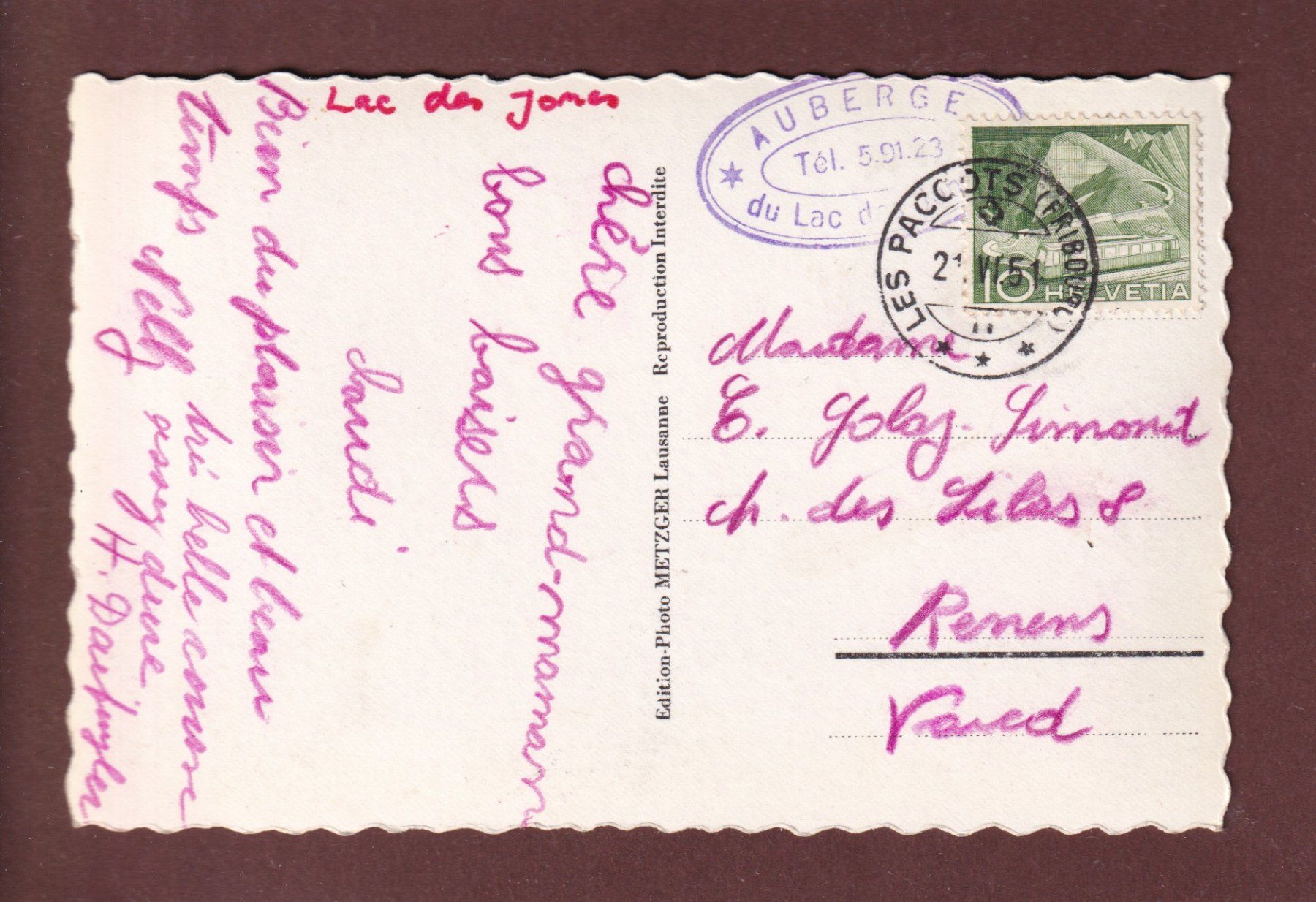 Cartoline postali: LAC DES JONCS - 1951 – Usato da Pully venduto da nicecards 1
