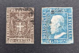 2 seltene Briefmarken Italien Sizilien Toskana 10 Centesi...