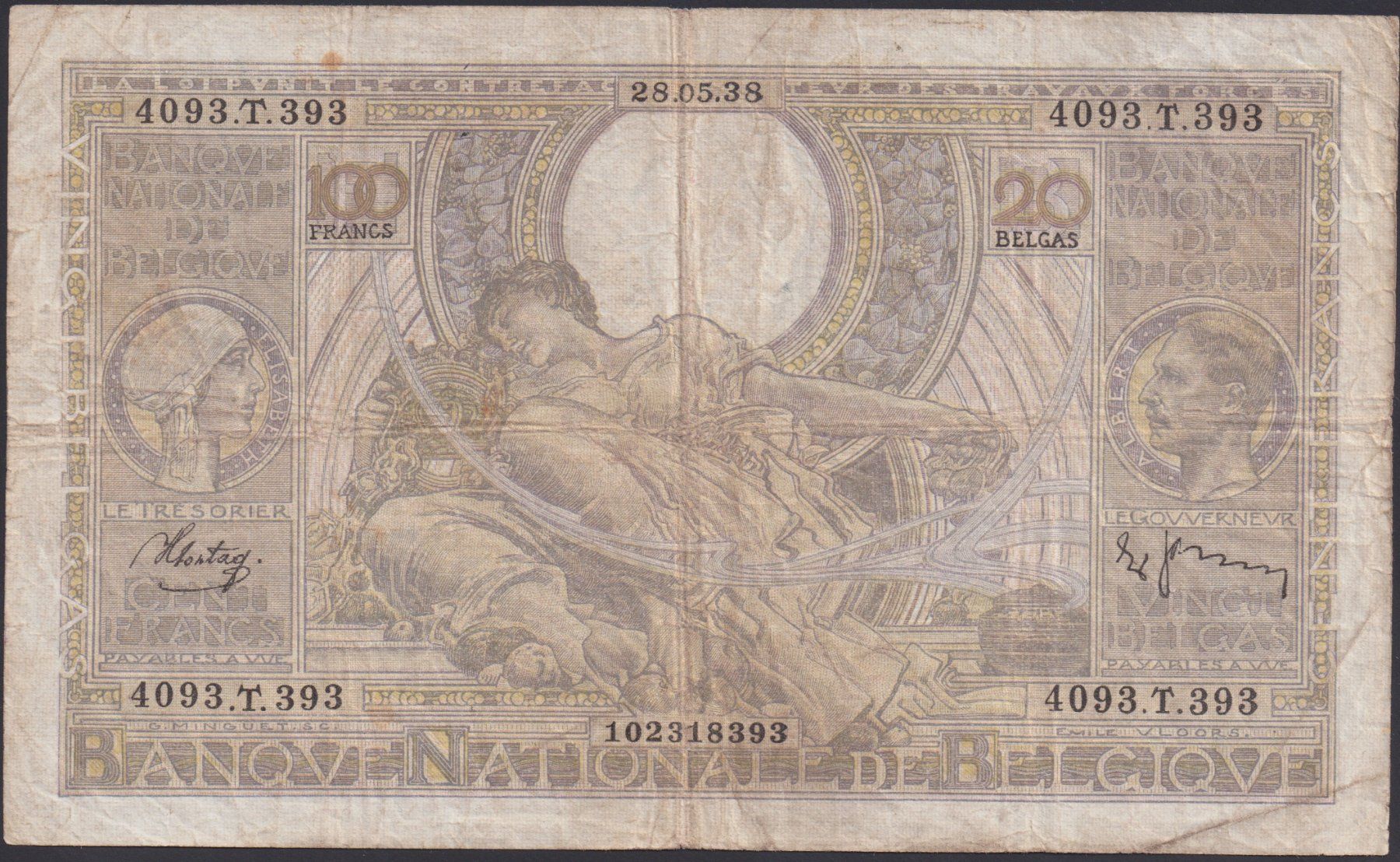 Banknoten: Belgien 100 Francs / 20 Belgas 1938 – Gebraucht aus Brugg AG von banknoten_muesli