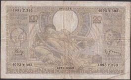 Belgien 100 Francs / 20 Belgas 1938