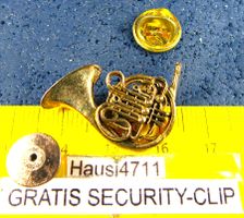 FLÜGEL-HORN MUSIK SCHMUCK-PIN GOLDIG 3D-OPTIC SECURITY-CLIP