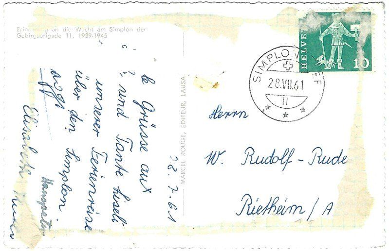 Ansichtskarten: AK Simplon Adler Denkmal, 1961 – Gebraucht aus Rheinfelden von wil_m7gh 1
