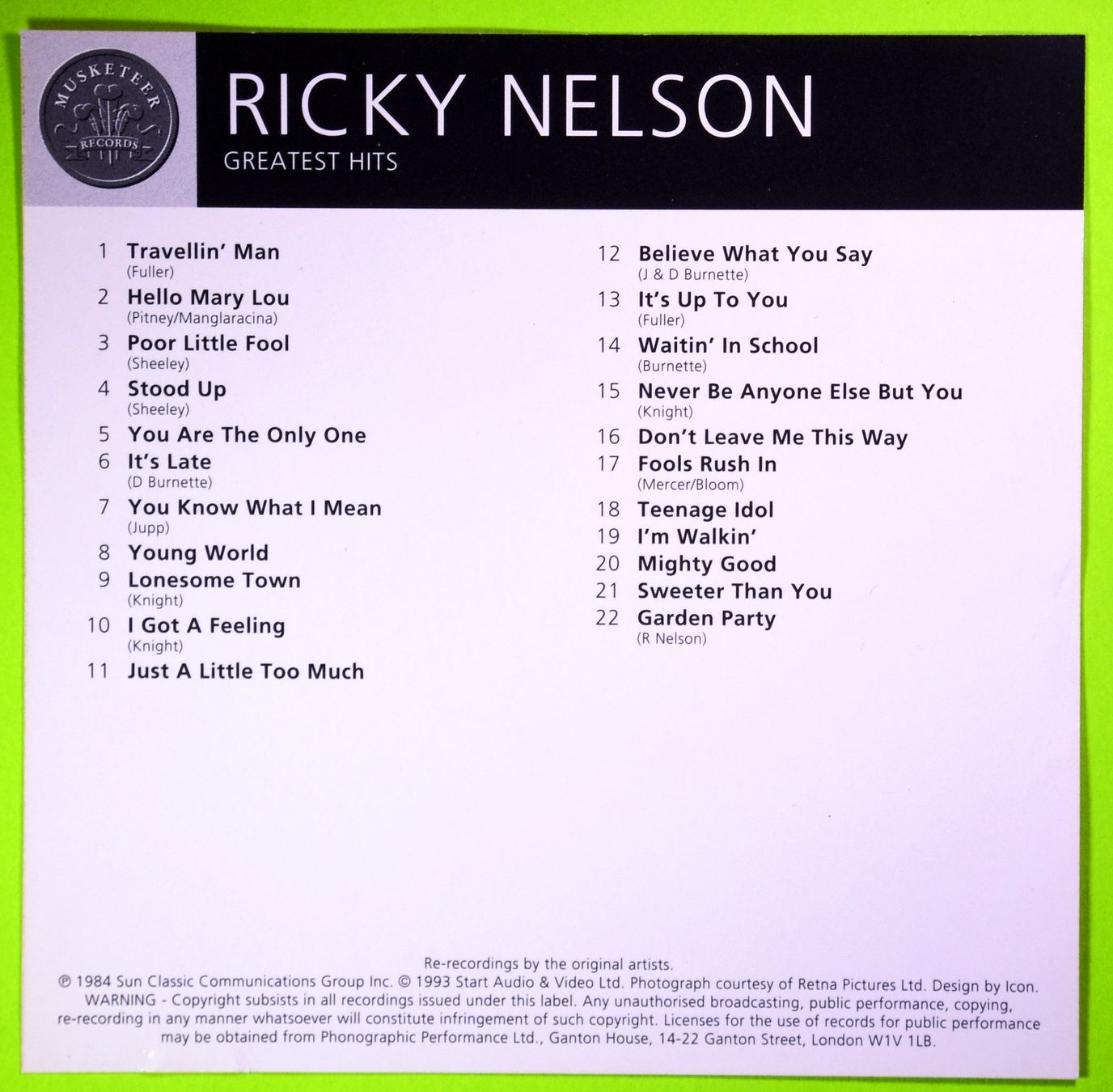 CD: RICKY NELSON  /  GRATEST HITS / WUNDERSCHÖNE RICKY NELSON CD – Usato da Luzern venduto da piro12 2