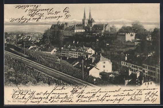 Cartoline postali: Neuchatel, Totalansicht mit Bahnschienen – Usato da Berlin venduto da bartko-reher