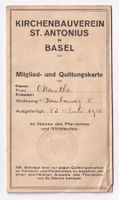 BASEL ST. ANTONIUS KIRCHENBAUVEREIN MITGLIEDSKARTE 1920